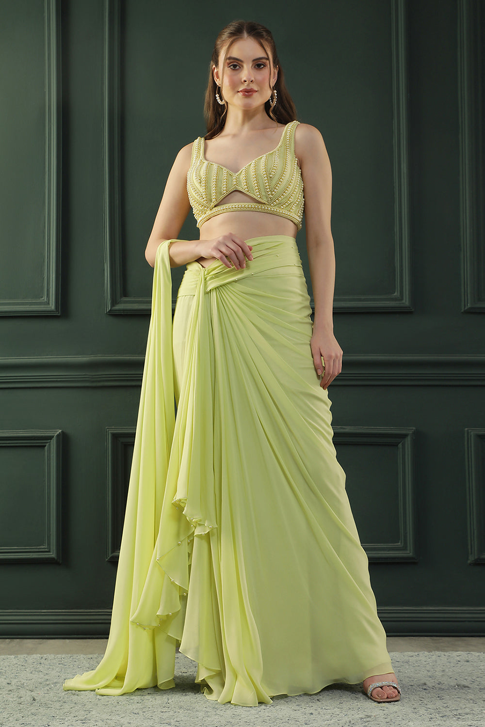 Lime Glow Pearl Pre-Drape Saree