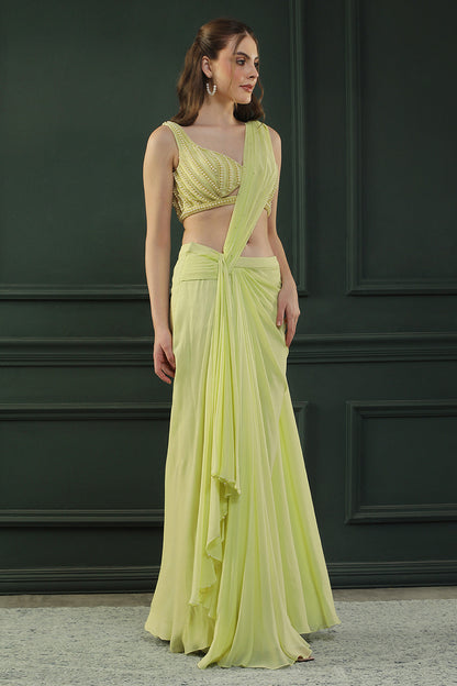 Lime Glow Pearl Pre-Drape Saree