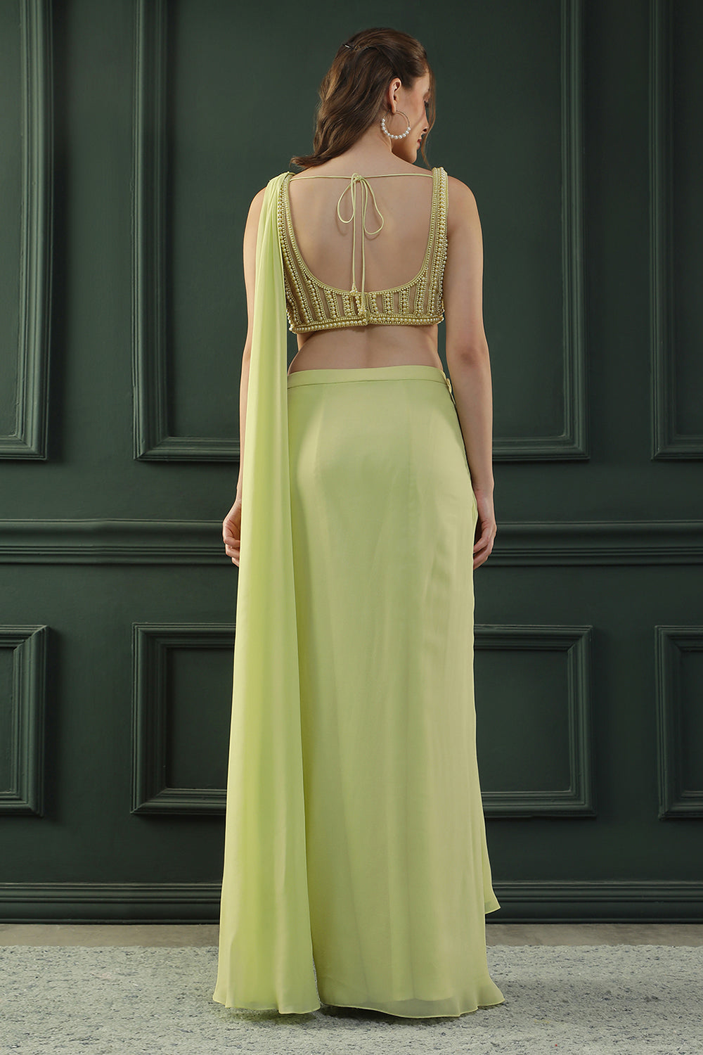 Lime Glow Pearl Pre-Drape Saree