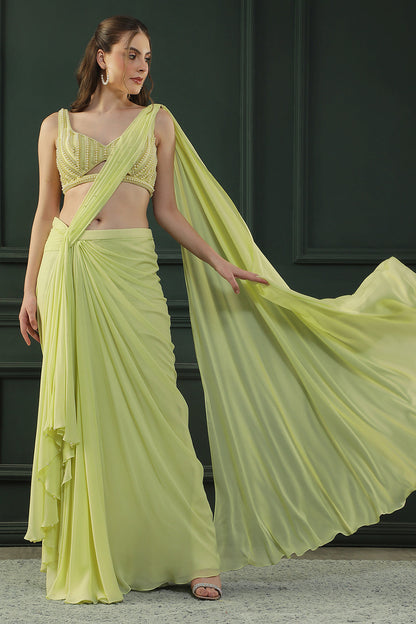 Lime Glow Pearl Pre-Drape Saree