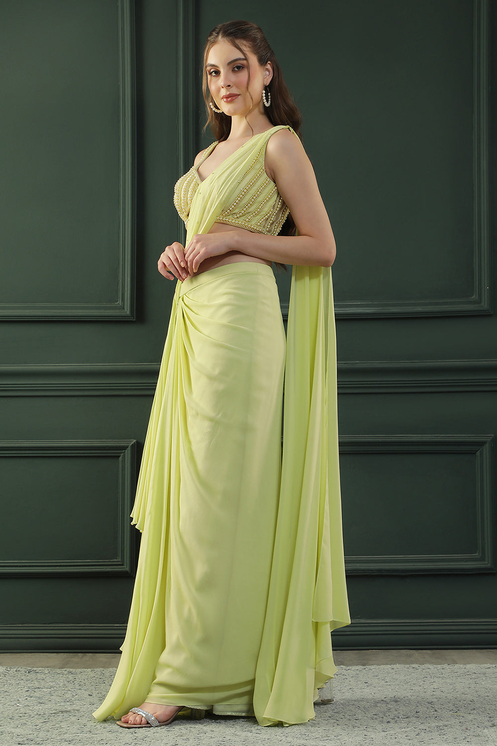 Lime Glow Pearl Pre-Drape Saree