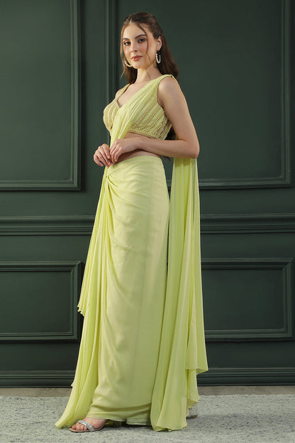Lime Glow Pearl Pre-Drape Saree