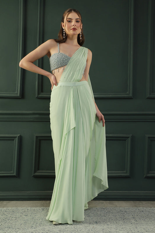 Mint Pearl Pre-drape Saree