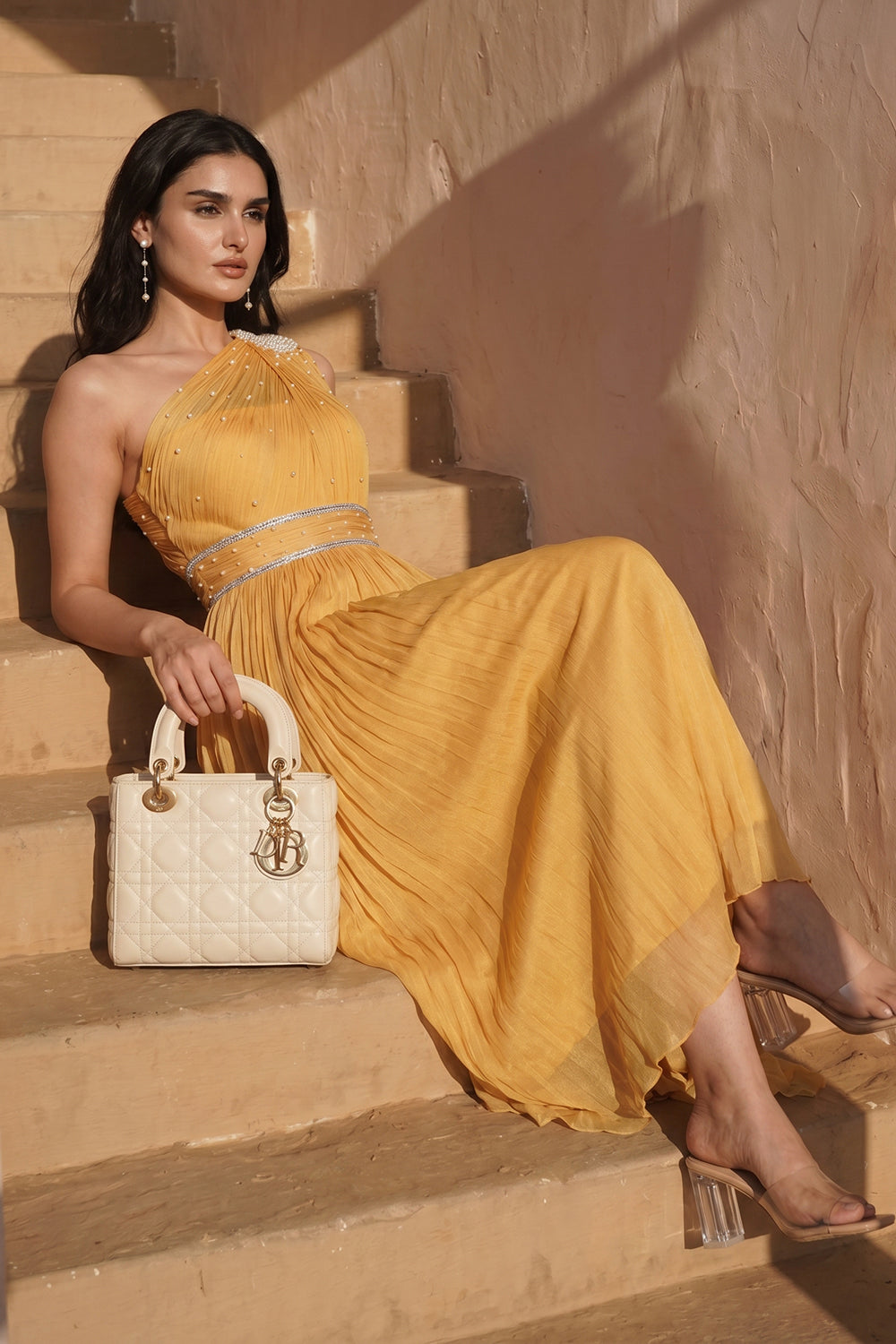 One-shoulder Pleated Gown - Marigold