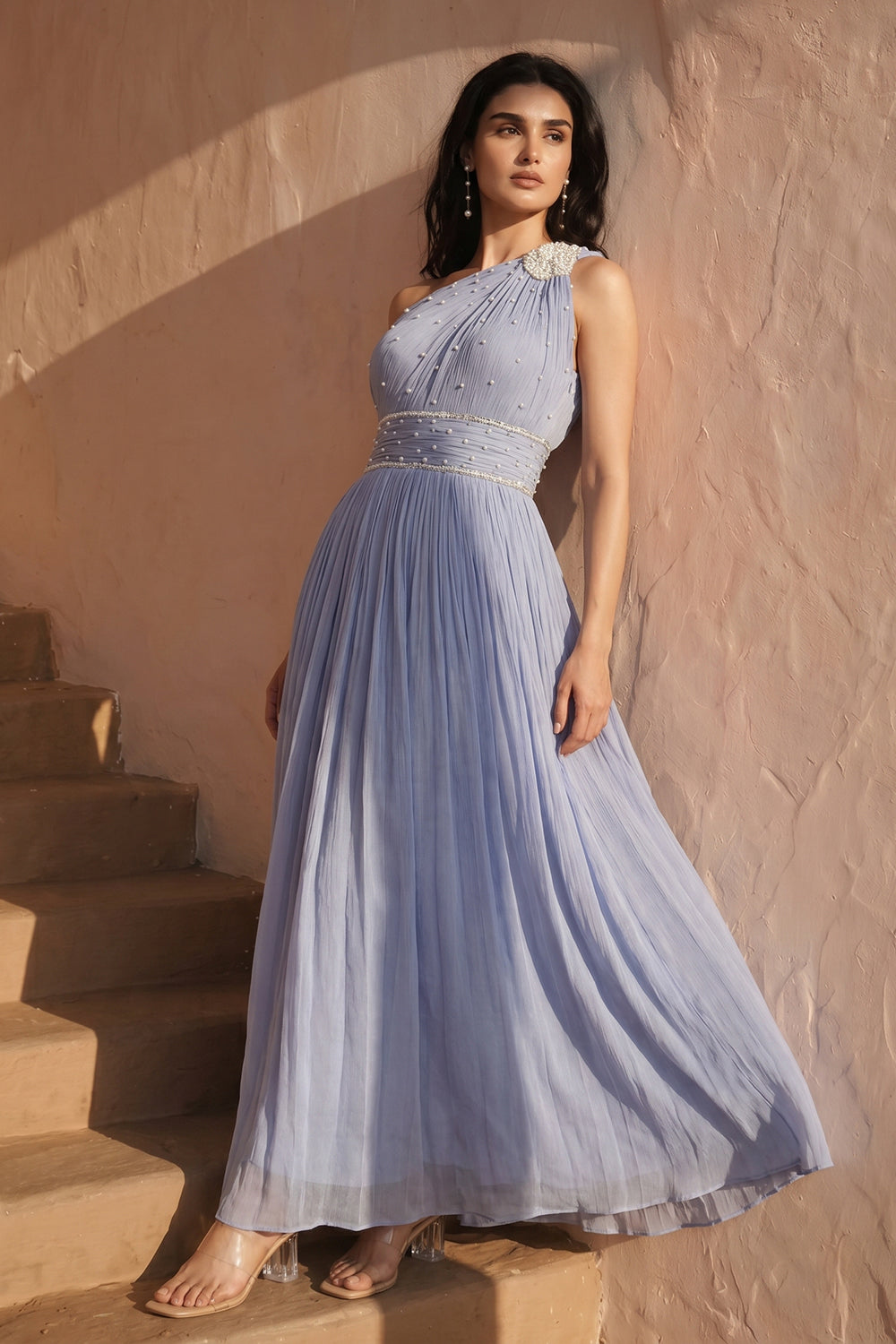 One-shoulder Pleated Gown - Powder Blue