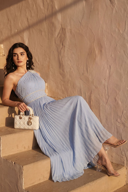 One-shoulder Pleated Gown - Powder Blue