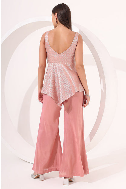 Peach Ayssmetrical Brocade Peplum Set