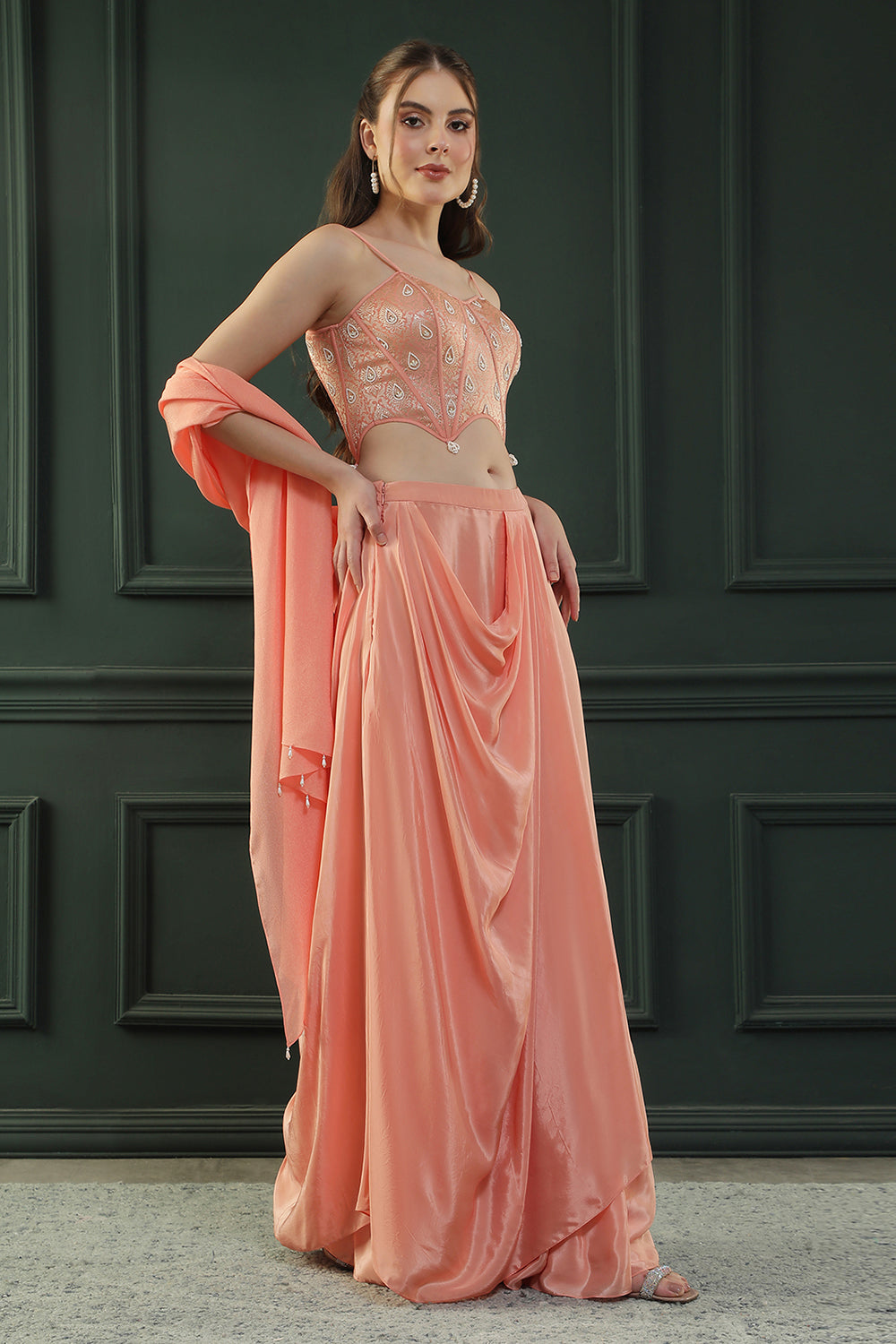 Peach Drape Skirt Set