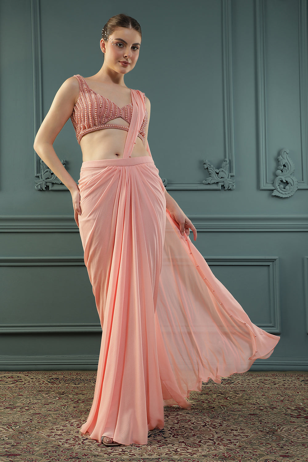 Peach Pearl Pre-Drape Saree