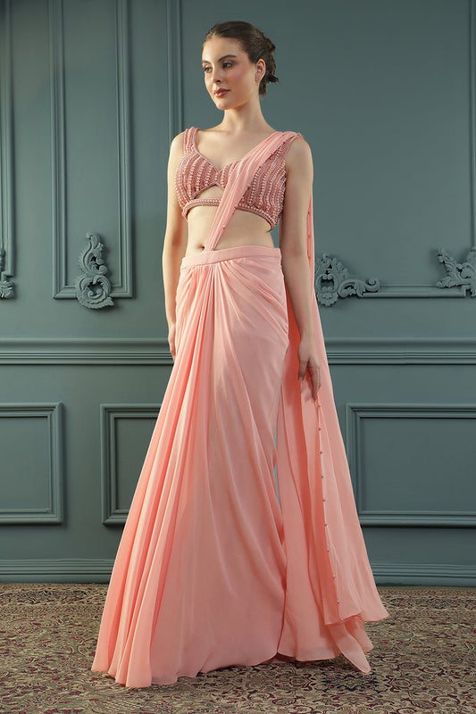 Peach Pearl Pre-Drape Saree