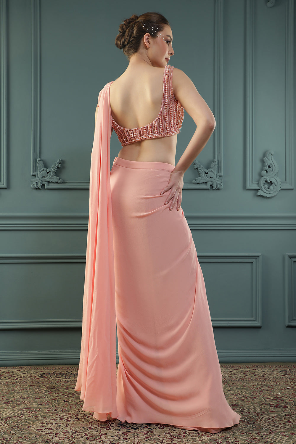 Peach Pearl Pre-Drape Saree