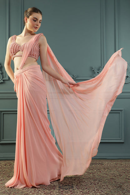 Peach Pearl Pre-Drape Saree