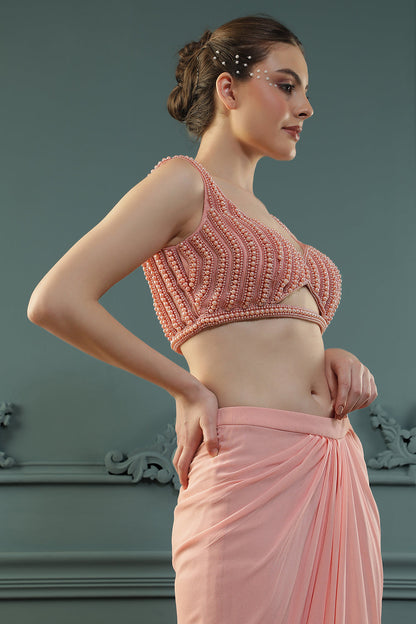 Peach Pearl Pre-Drape Saree