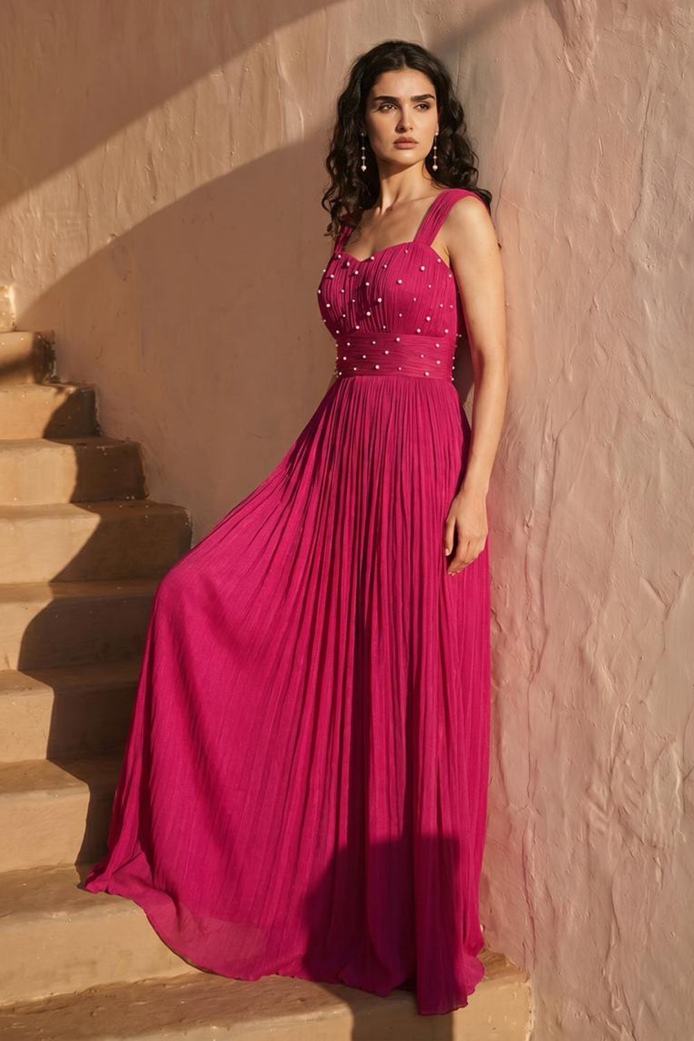 Pearl Embellished Magenta Pink Pleated Gown