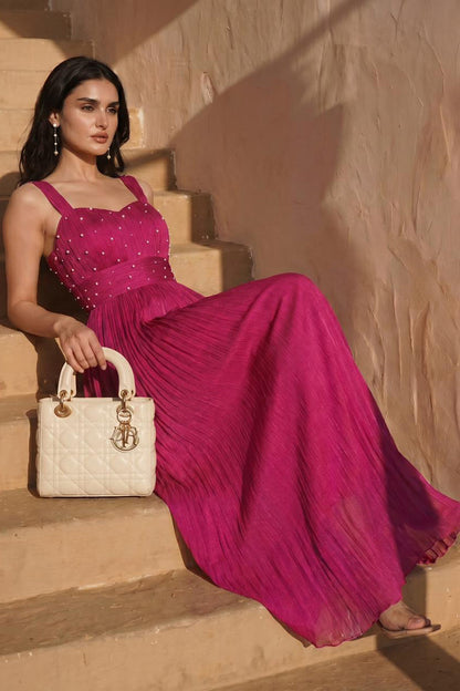 Pearl Embellished Magenta Pink Pleated Gown
