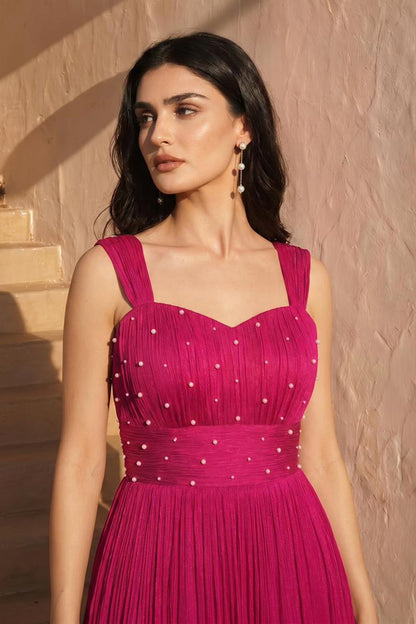 Pearl Embellished Magenta Pink Pleated Gown