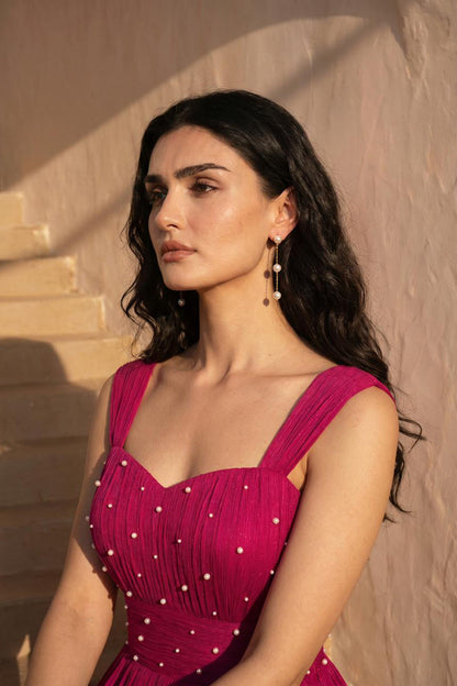 Pearl Embellished Magenta Pink Pleated Gown