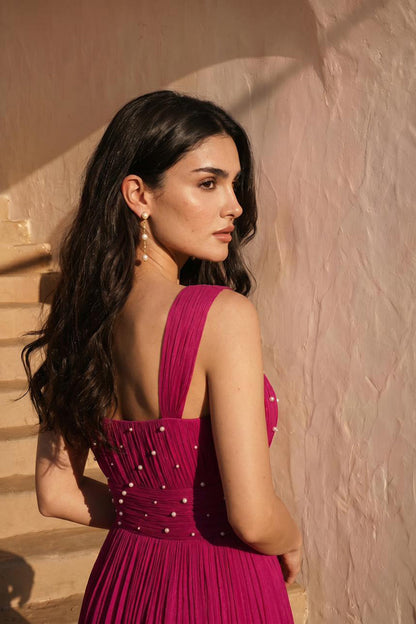 Pearl Embellished Magenta Pink Pleated Gown