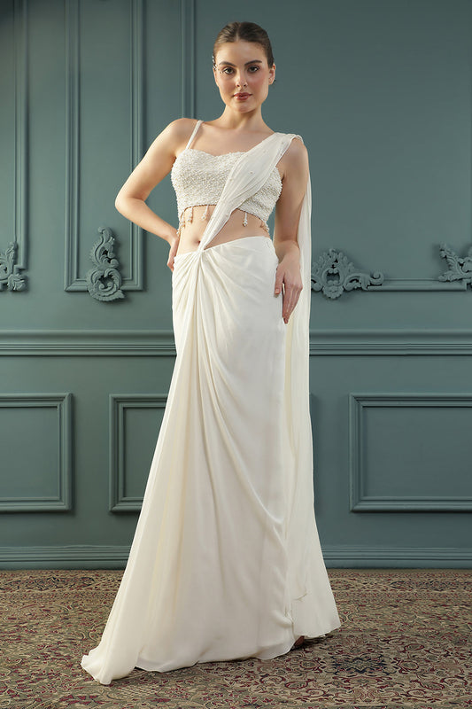 Pearl White Pre-Drape Saree