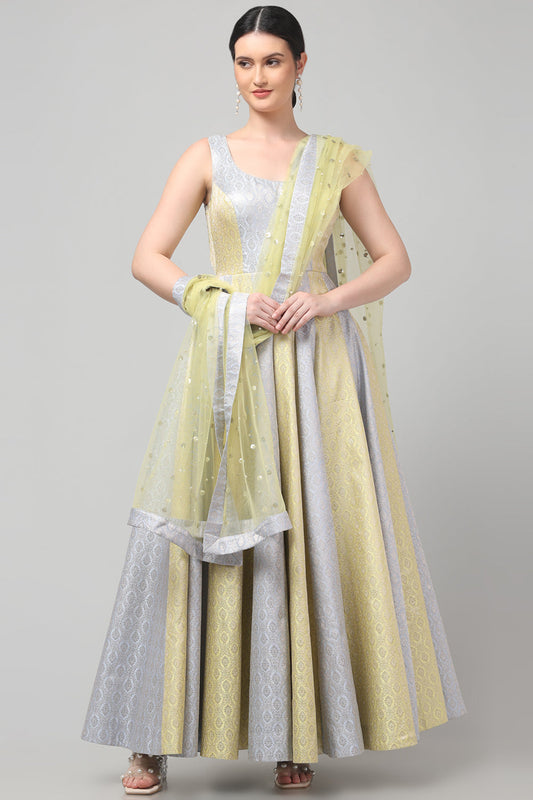Two Tone Brocade Anarkali Gown with Dupatta