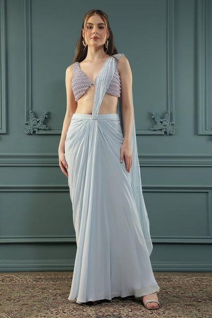 Powder Blue Pearl Pre-Drape Saree