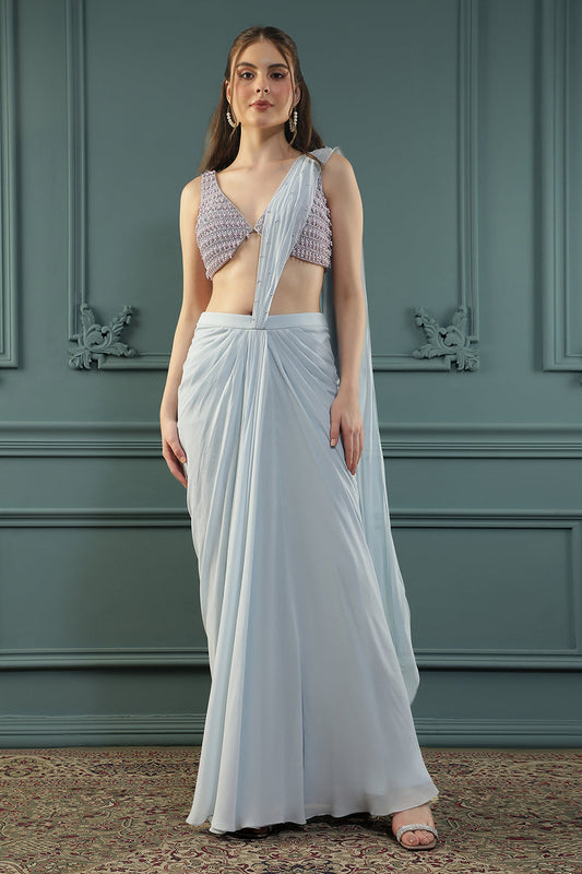 Powder Blue Pearl Pre-Drape Saree