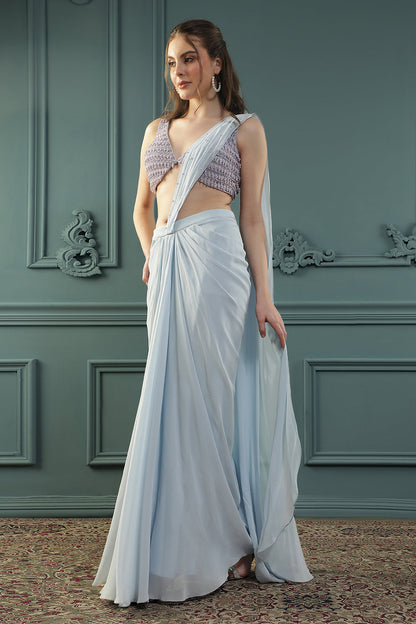 Powder Blue Pearl Pre-Drape Saree