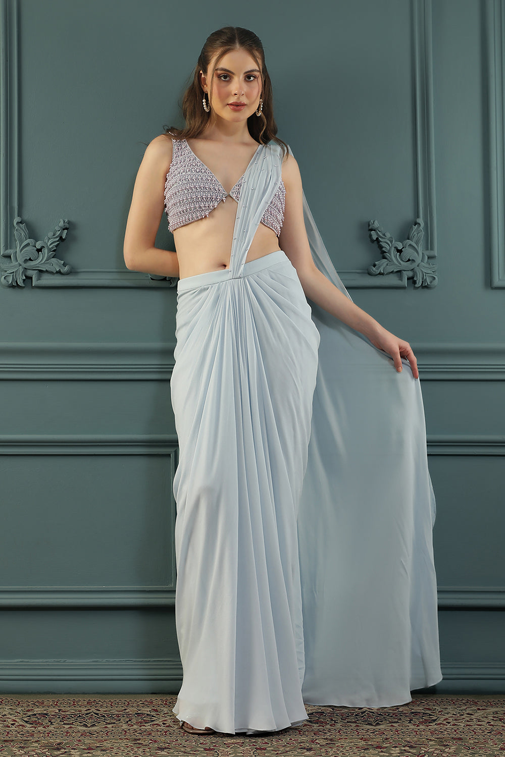 Powder Blue Pearl Pre-Drape Saree