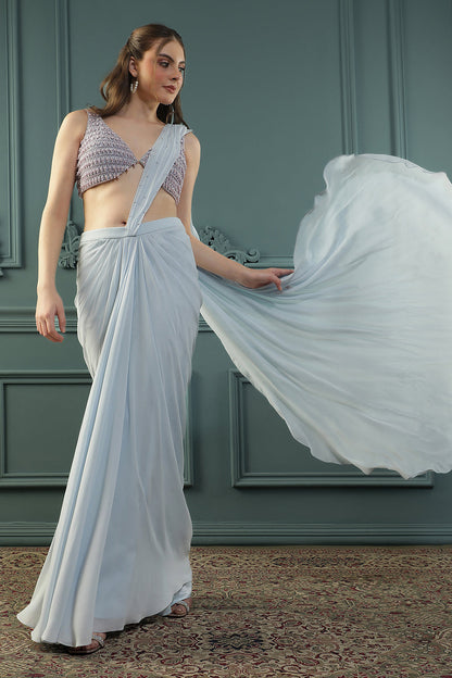 Powder Blue Pearl Pre-Drape Saree