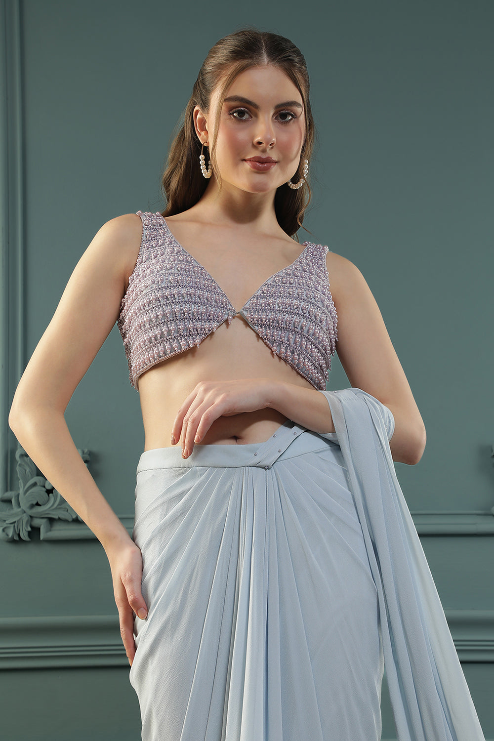 Powder Blue Pearl Pre-Drape Saree