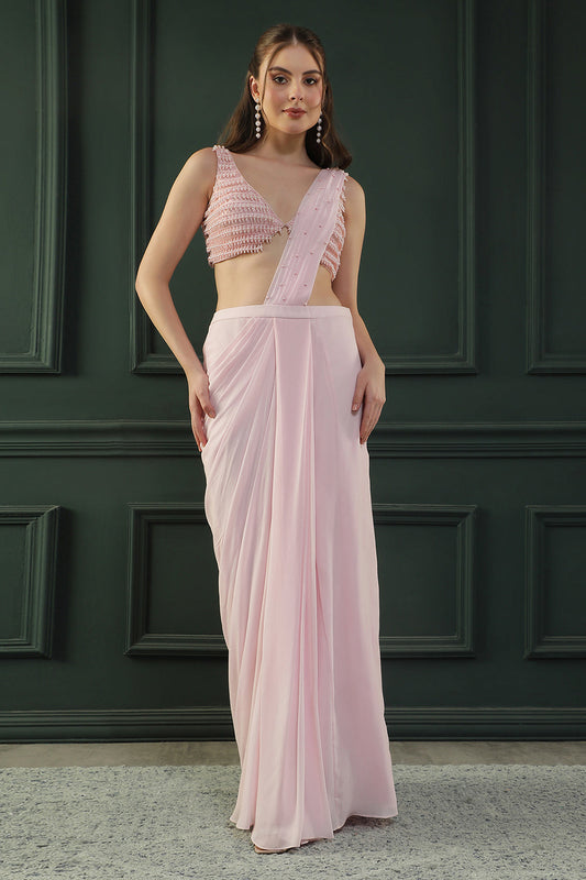 Powder Pink Pearl Pre-drape Saree