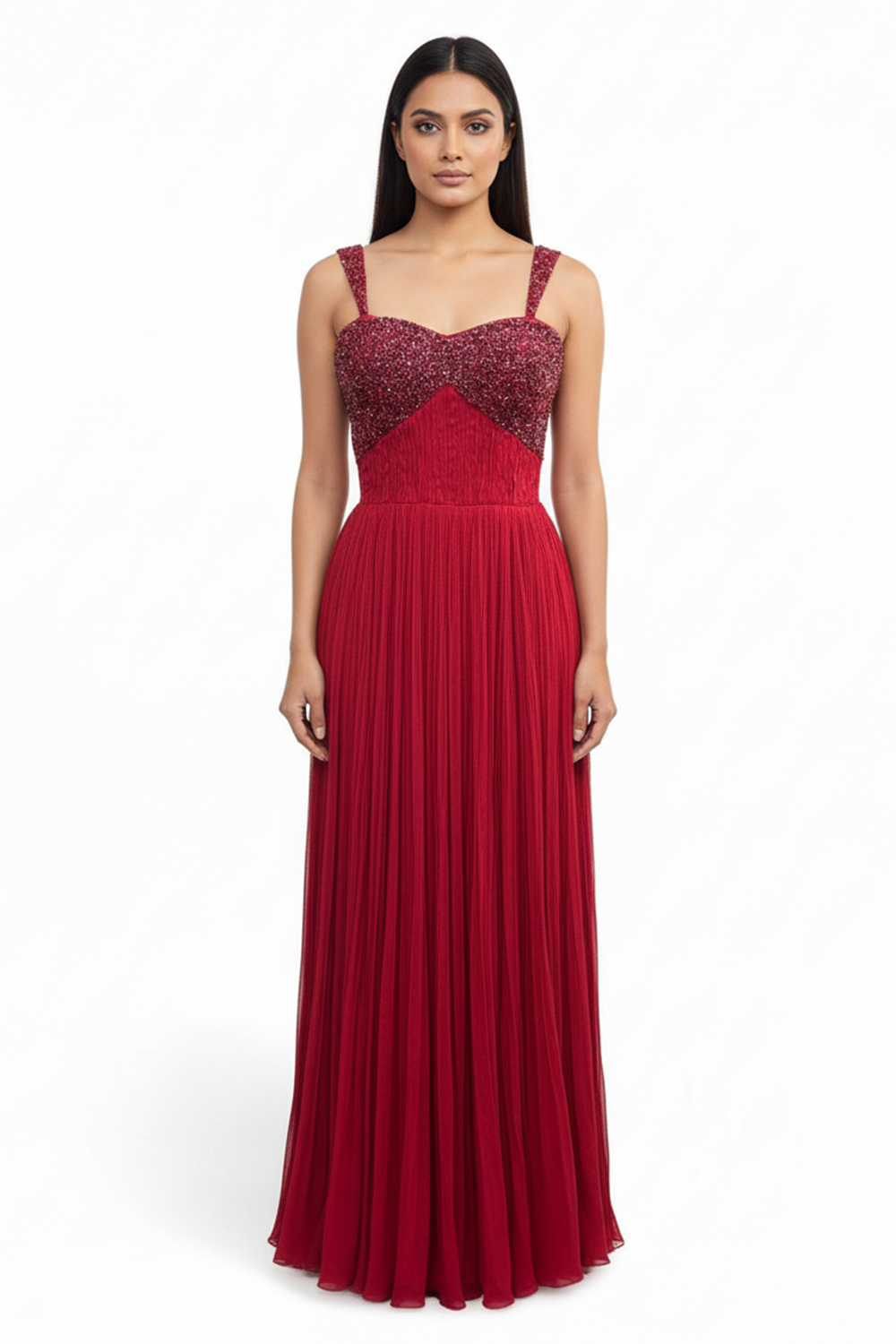 Red Embellished Pleated Gown