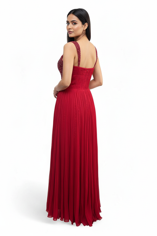 Red Embellished Pleated Gown