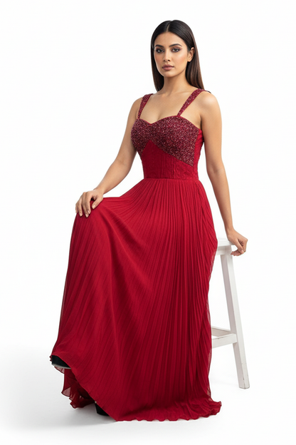Red Embellished Pleated Gown