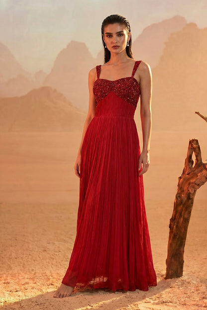 Red Embellished Pleated Gown