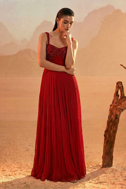 Red Embellished Pleated Gown