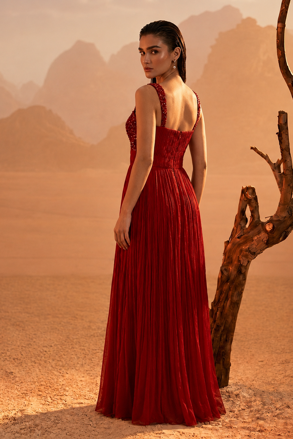 Red Embellished Pleated Gown