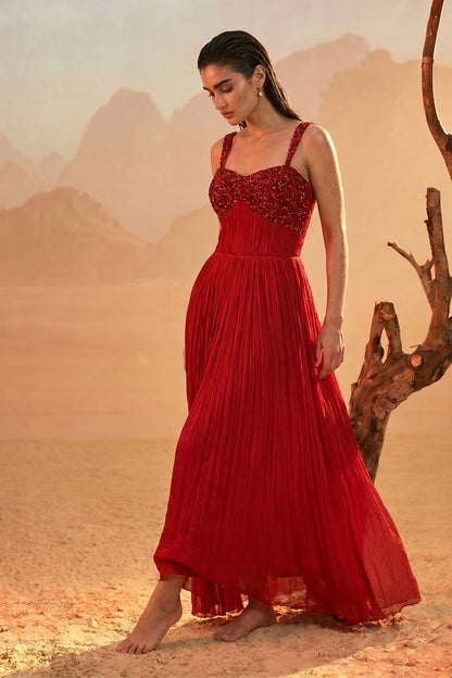 Red Embellished Pleated Gown
