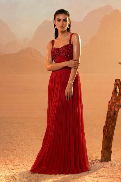 Red Embellished Pleated Gown