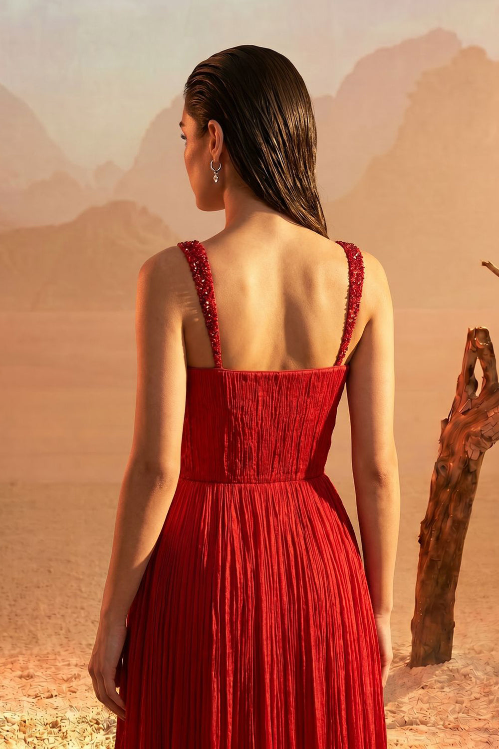 Red Embellished Pleated Gown