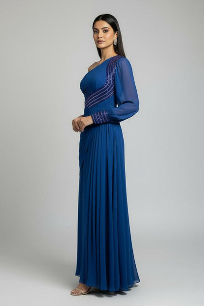 Royal Blue Embellished One Sleeve Gown with Drape Detail