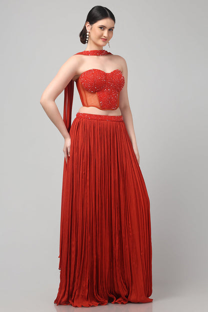 Rust Orange Corset with pleated Skirt & Dupatta