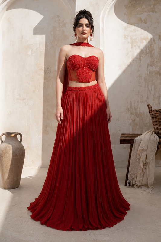 Rust Orange Corset with pleated Skirt & Dupatta