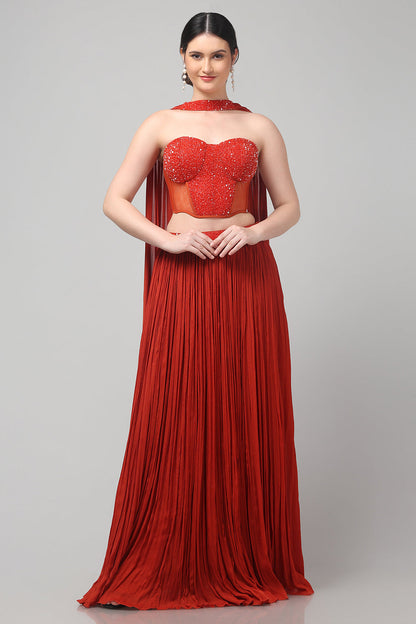 Rust Orange Corset with pleated Skirt & Dupatta