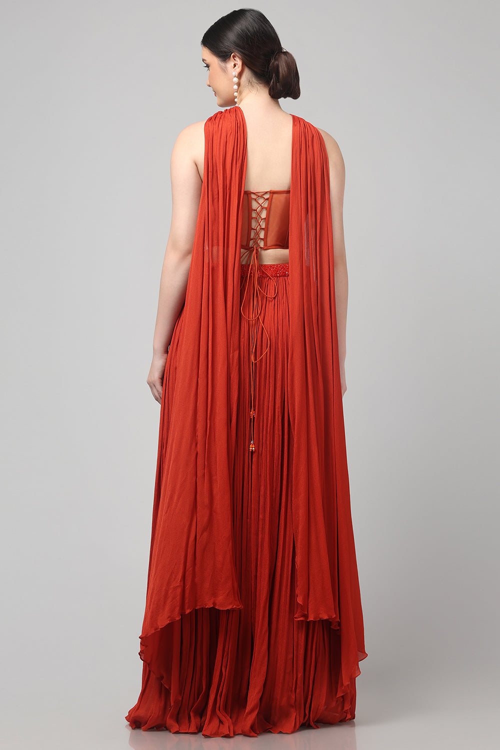Rust Orange Corset with pleated Skirt & Dupatta