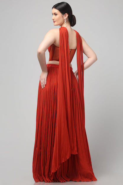 Rust Orange Corset with pleated Skirt & Dupatta