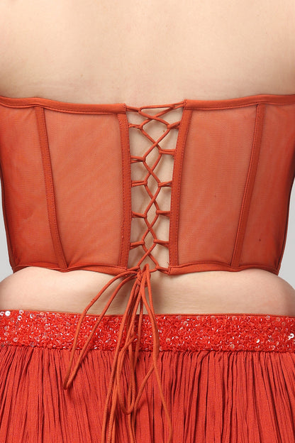 Rust Orange Corset with pleated Skirt & Dupatta