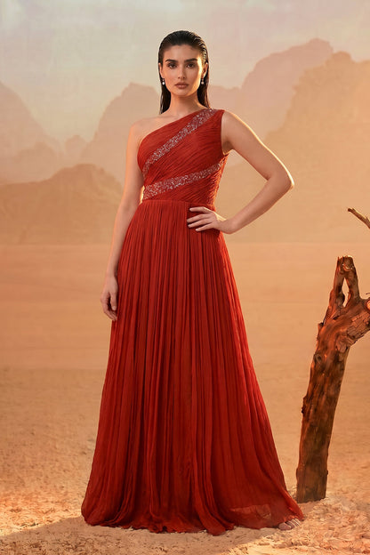 Rust Orange One-Shoulder Gown