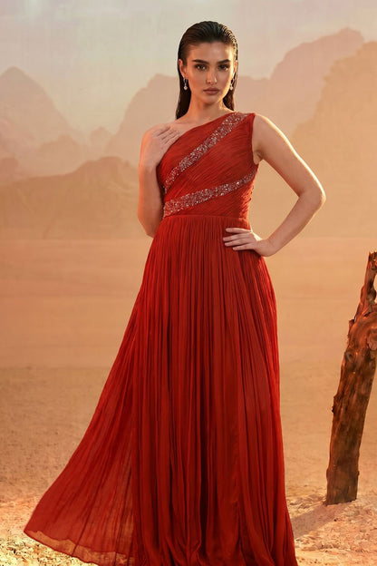 Rust Orange One-Shoulder Gown