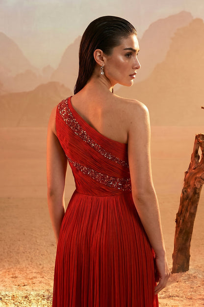 Rust Orange One-Shoulder Gown